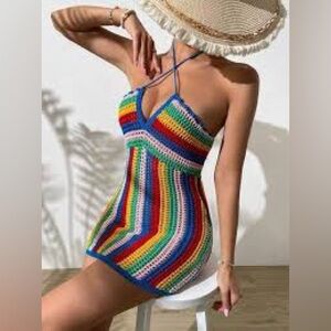 NWT Forever 21 Rainbow Stripe Crochet Halter Mini Dress Blogger Favoritite Small